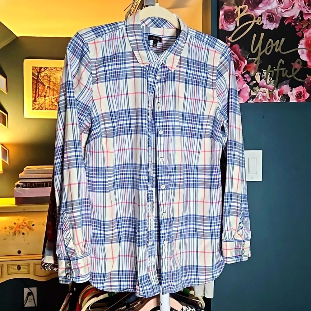 Talbots M button-down plaid shirt blue pink cream